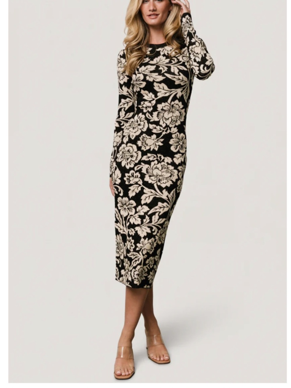 NWOT Baltic Born Marci black and cream floral midi dress with gold sparkles